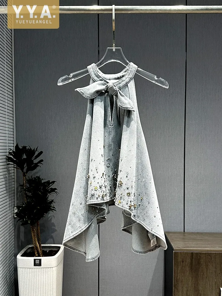 Womens Summer Diamond Sequin Bead Bow Denim Sets Sleeveless Halter Asymmetric Tops Matching Set Above Knee Mini Skirt Outfits