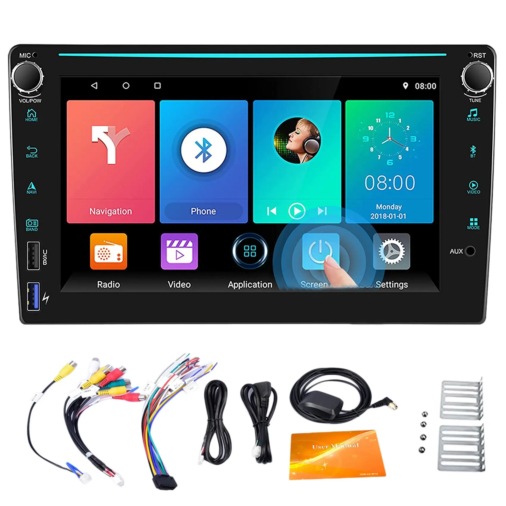 

8 Inch Quad Core Android 10.0 Car Multimedia Player 2 DIN Touch-Screen Car Stereo GPS WIFI FM BT Mirror Link 4 USB Input