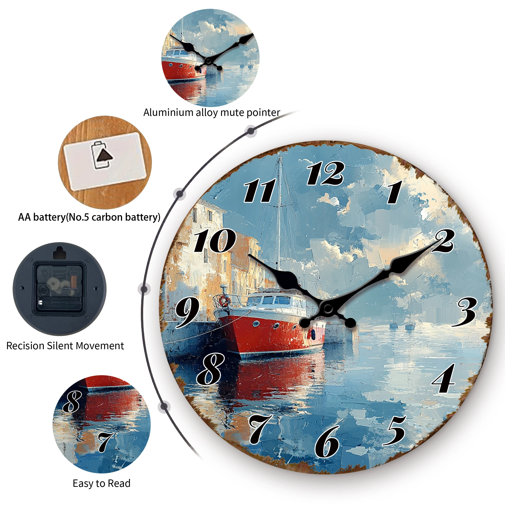 Harbor View with Boats Wall Clock, Nautical Coastal Home Decor
