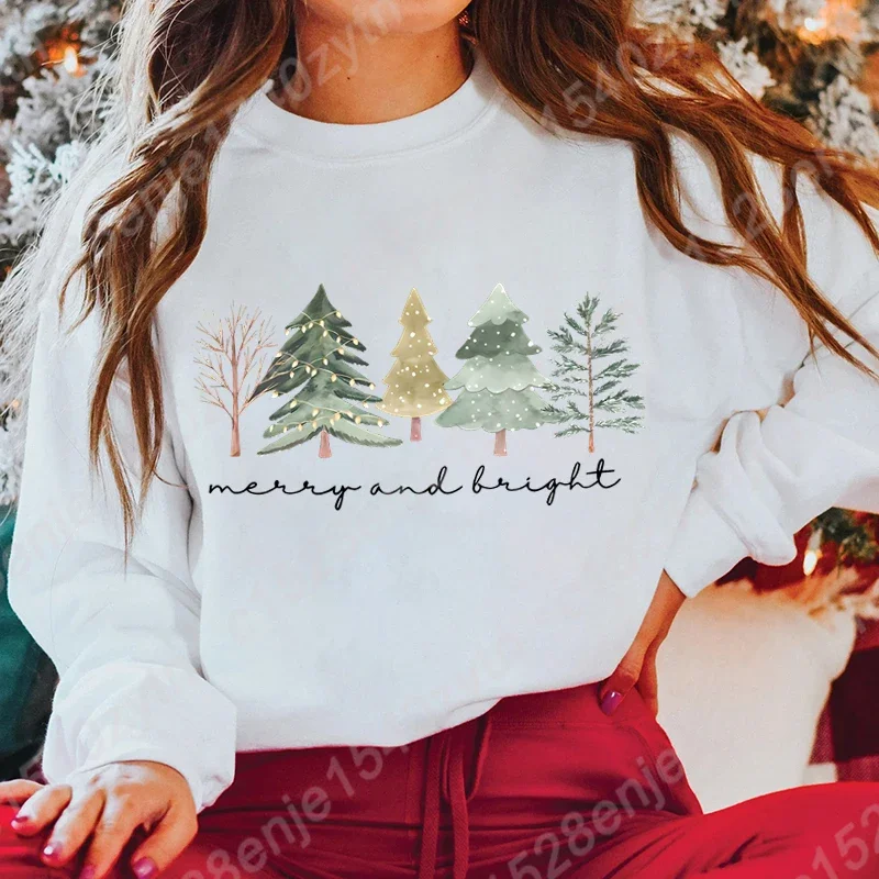 Festive Christmas Tree Print Long Sleeve Sweatshirts for Women, Perfect for Winter and Fall Casual Wear