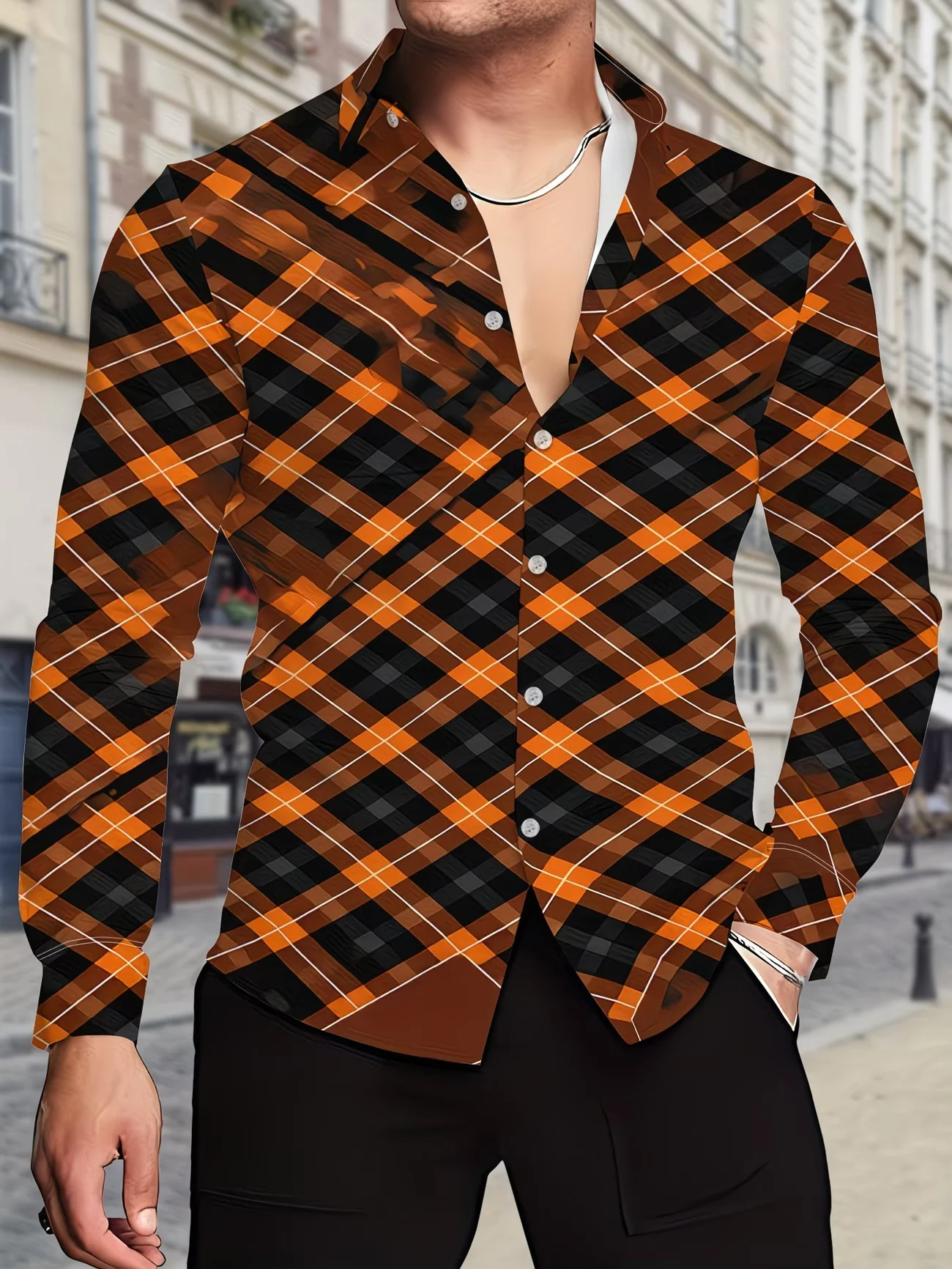 Men Trendy Button‑Up Turn‑Down Collar Shirt Striking Art Pattern Print Long Sleeve Top Daily Night Event Outfit
