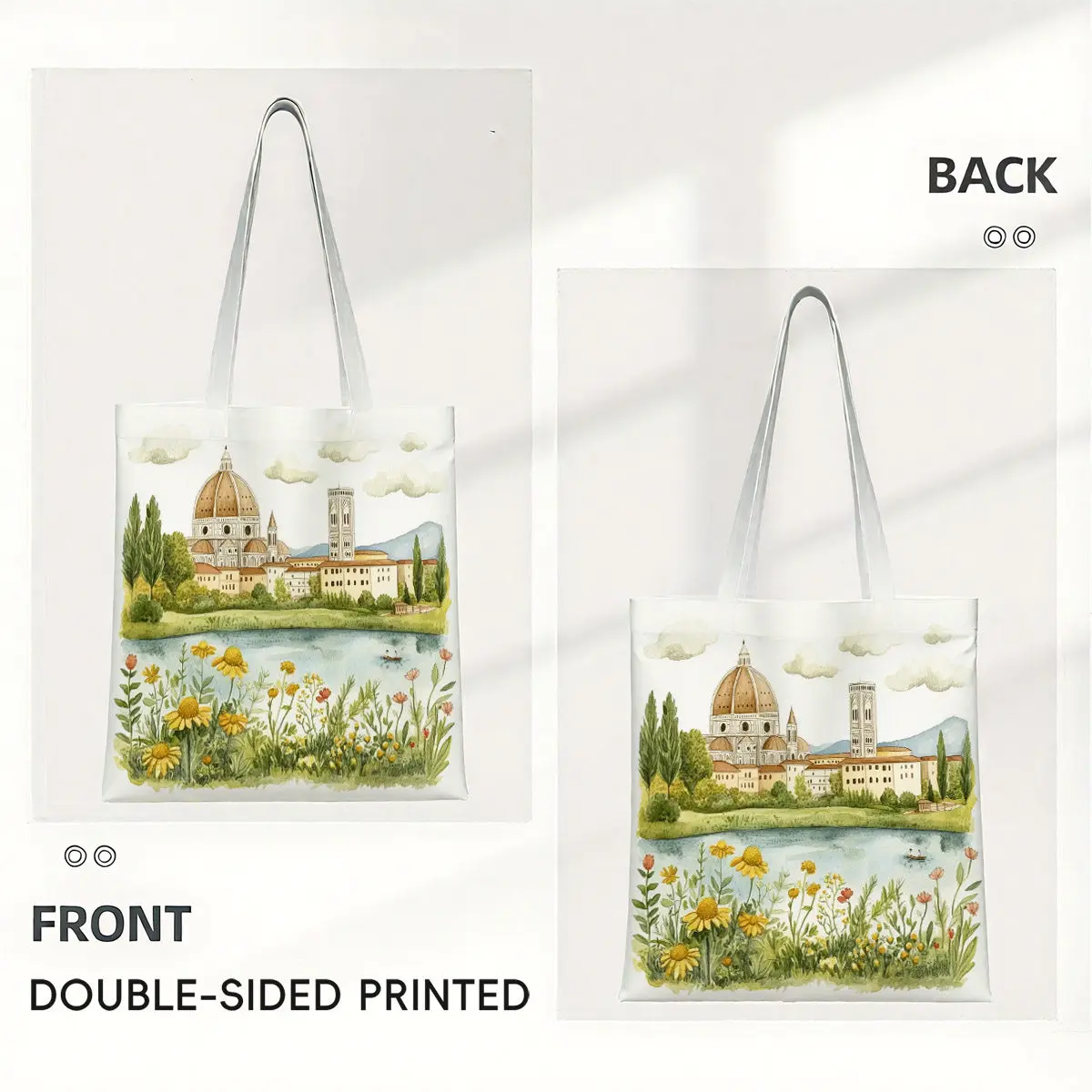 A Scenery of Florence, Italy pattern printed canvas tote bag, suitable for daily use, shopping, school, and travel