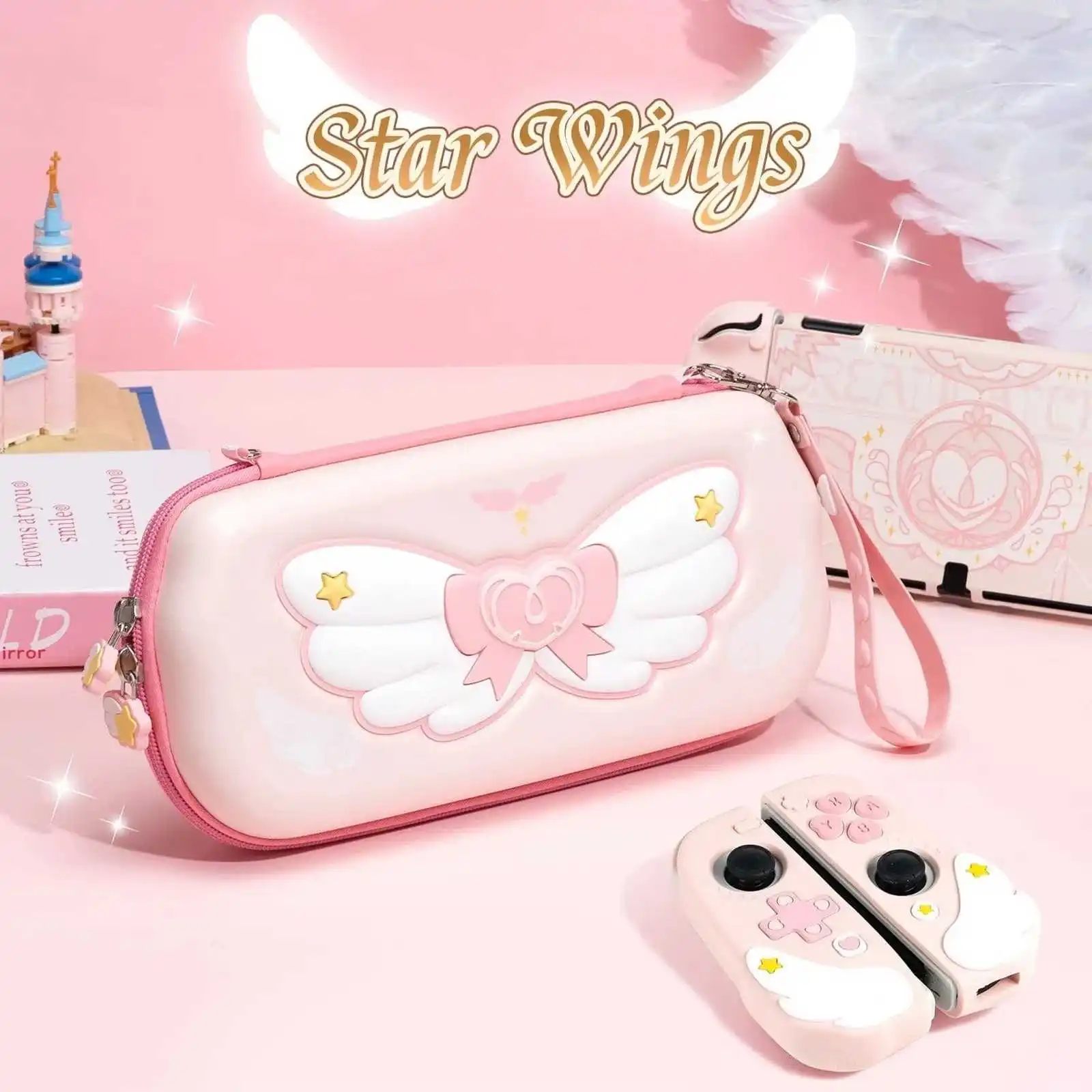 Geekshare Star Wing Pink Protective Case Storage Bag Carrying Case for Nintendo Switch 2017/ Switch OLED Joy Con