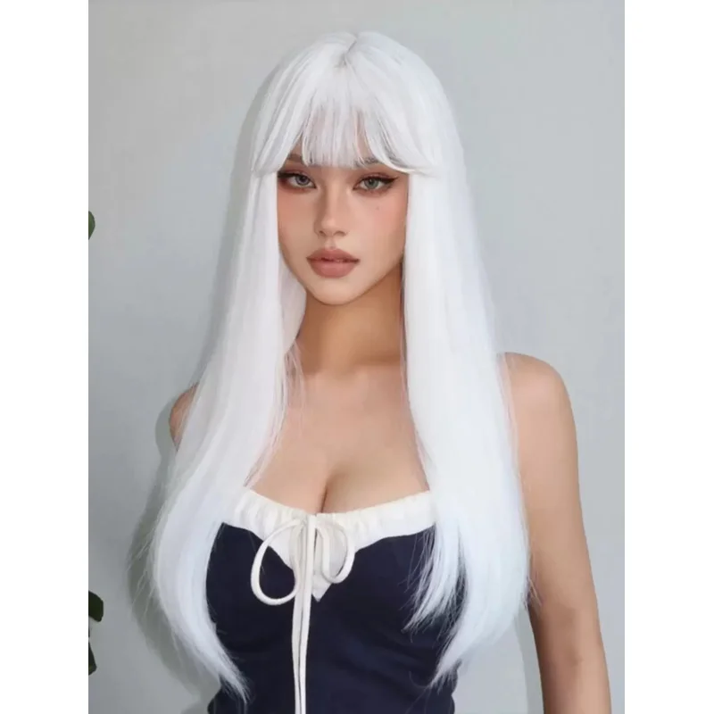 

26-дюймовый женский длинный прямой белый синтетический парик с челкой, подходит для вечеринок, косплея, термостойкий