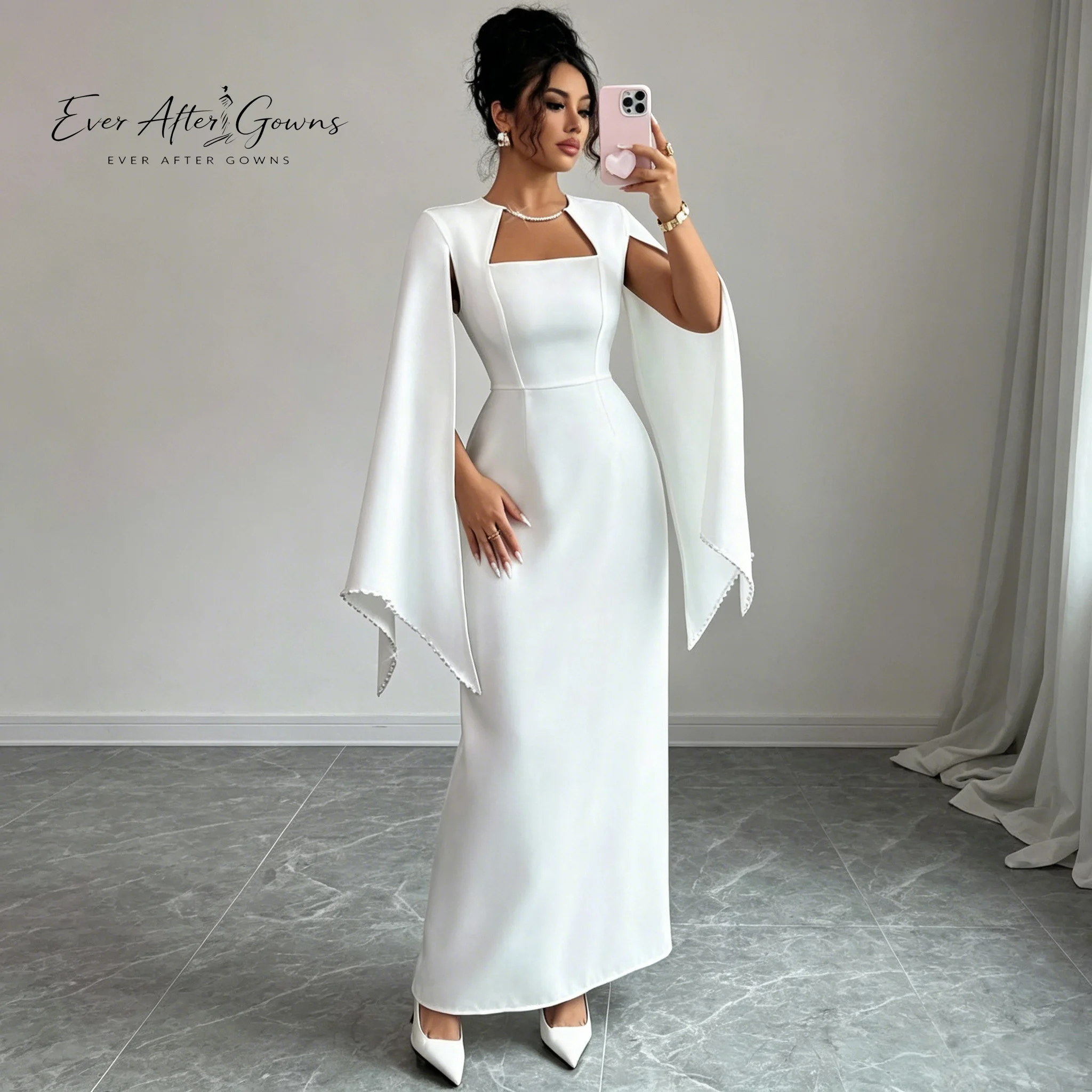 Ever After Gowns White Square Neck Cape Sleeve Bodycon Dress Split Flowy Sleeve Midi Wedding Guest Bridal Formal Evening Gown
