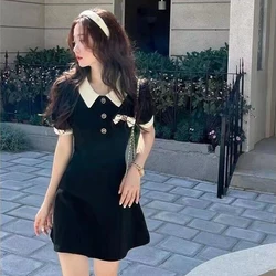 Contrast Color One Pieces Korea Bow Polo Dresses For Women 2022 Summer Sweet Short Sleeve Mini Skirt Kpop Student Sundress Y2K