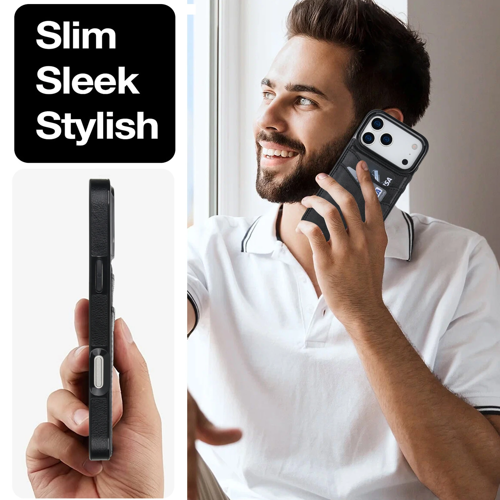 Skórzane etui na karty kredytowe, portfel, obudowa do iPhone 17 Pro Max 16e 16 15 18Pro Max, wstrząsoodporne, smukłe, matowe etui na telefon Funda — zdjęcie produktu 6