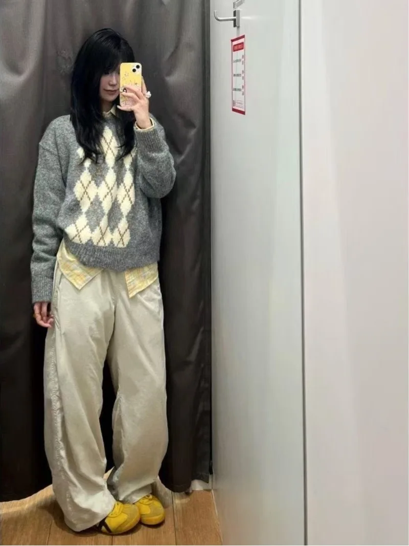 

Thiened Fair Isle вязаный свитер женский осенне-зимний круглый Ne Long Sve повседневная внутренняя одежда пуловер с ромбовидным узором топ