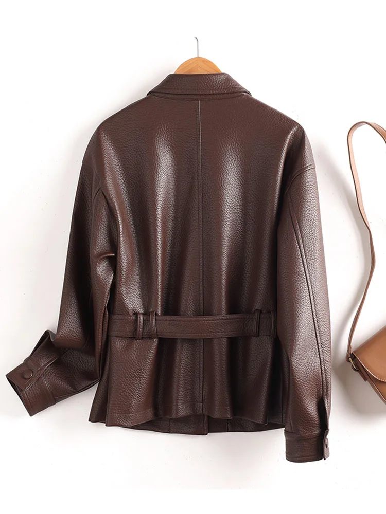 Frauen Kleidung Elegante Weibliche Leder Mantel Revers Gürtel Jacken Streetwear Schwarz Büro Dame 2025