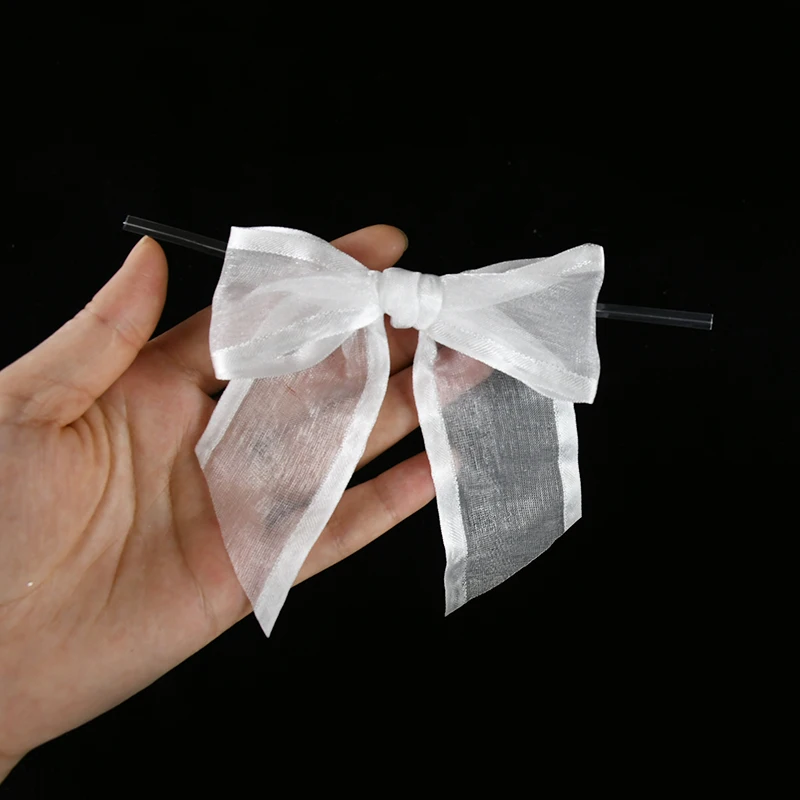 5/10/20pcs White Pre-Tied Organza Bows With Twist Ties Satin Ribbon Bows For Wedding Party Birthday Gift Candy Wrapping