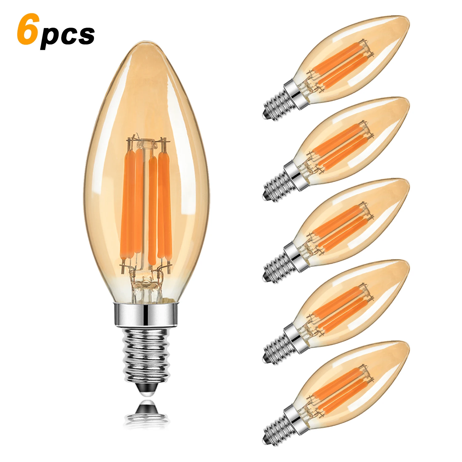 6PCS E12 E14 Candelabra Base C35 Led Filament Candle Bulb Vintage Gold Tint Glass Dimmable Edison Bulb For Celing Fan Chandelier