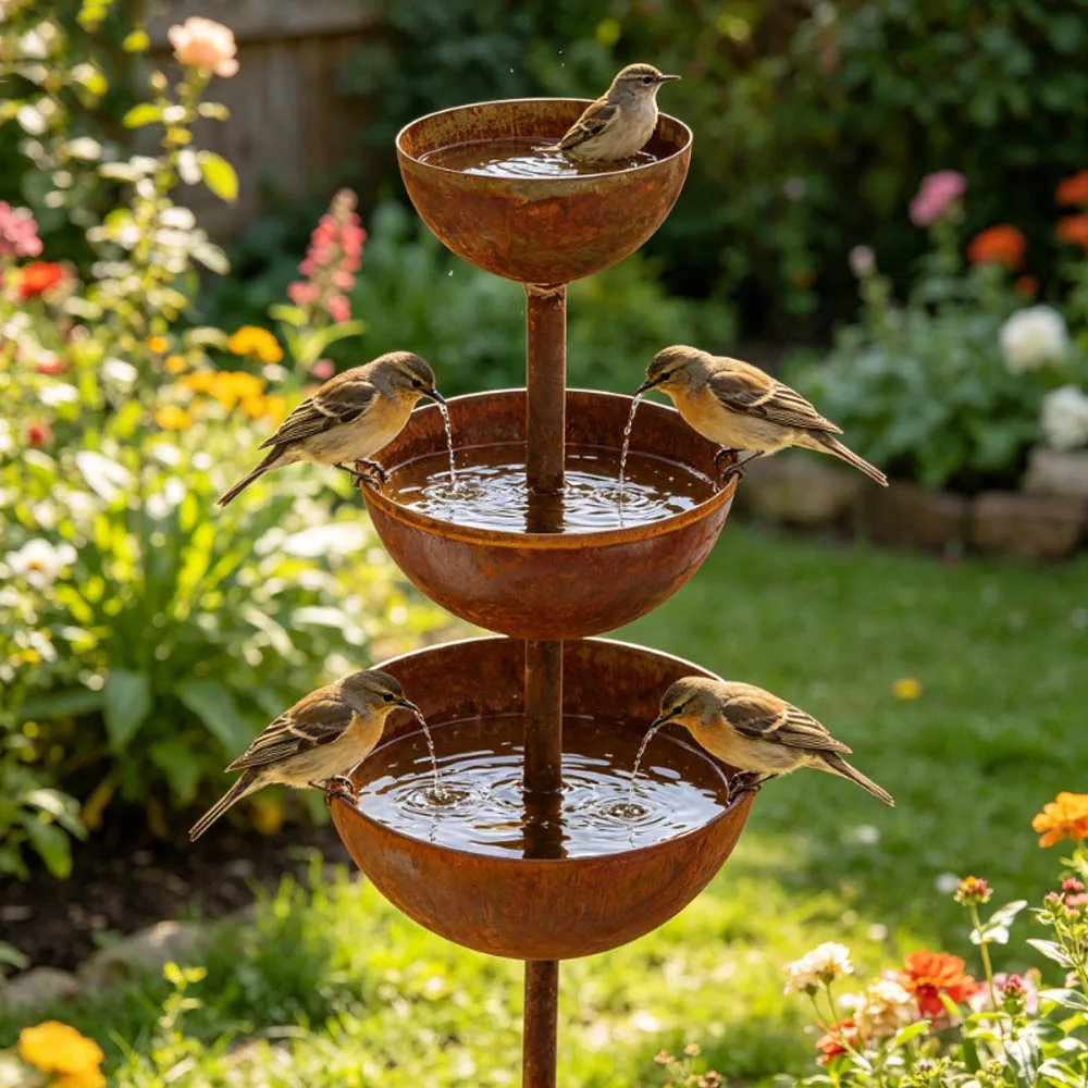 3-Tier Bowl Metal Bird Bath Vintage Iron Decorative Garden Rain Catcher Garden Stake Rusted Bird Feeding Station Courtyard Decor