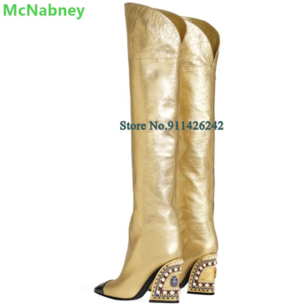 Gold Crystal Square Heel Boots For Female Women Winter 2024 New Slip-on Over-the-knee Sizes 35-47 Fashion Elegant Runway Shoes