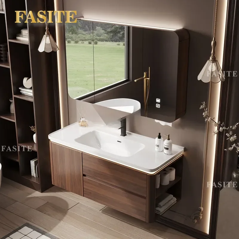 For Medieval Walnut Color Arc Bathroom Cabinet Combination Ceramic Integrated Washing Table Wash Basin Durable Modern Design