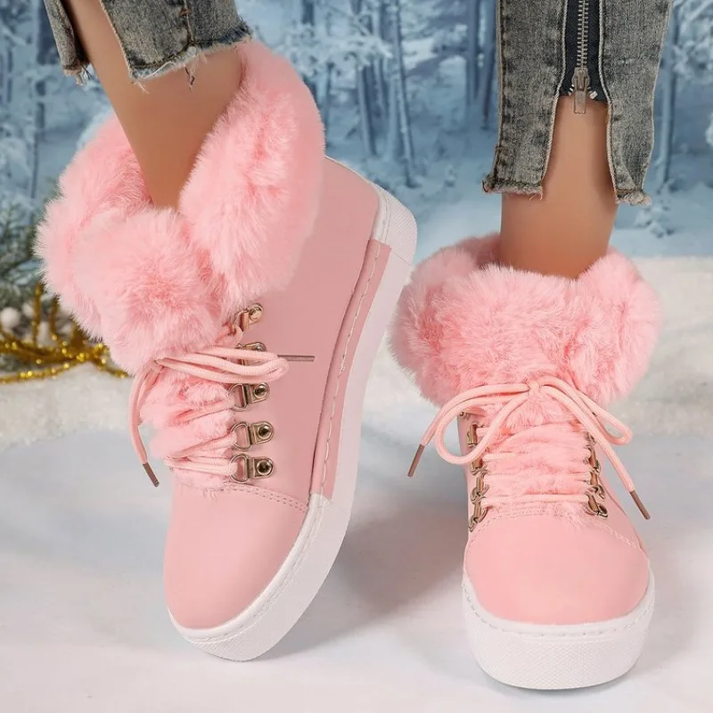 

2025 Women Boots Winter Fashion Women Plush Warm Lace Up Comfortable Platform Flats Casual Sneakers Plus Size Shoes for Women