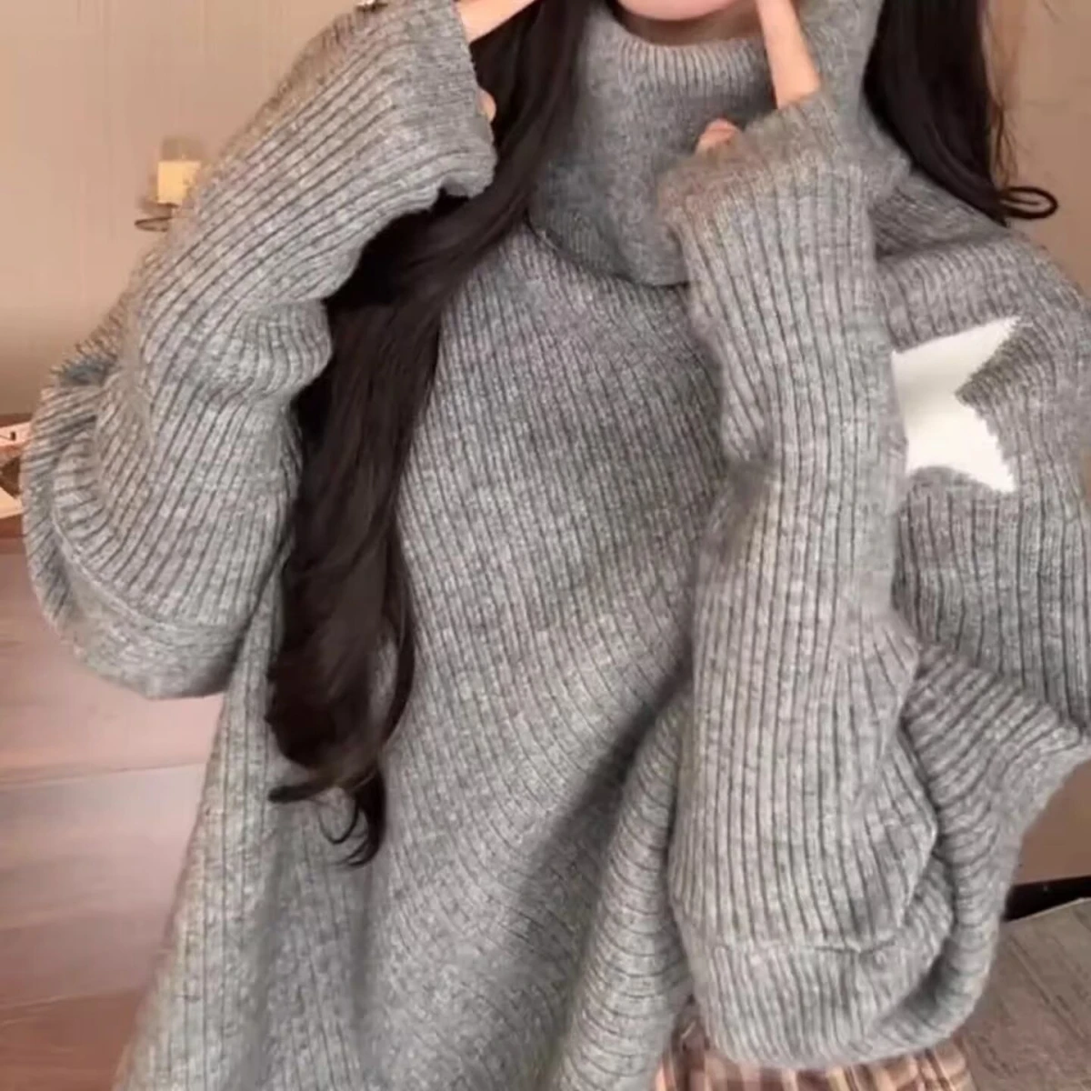 

Loose High Collar Star Knitted Sweater Coat Women's Casual Sle Ultra Soft Polyester Fiber Spring Autumn Winter Faion