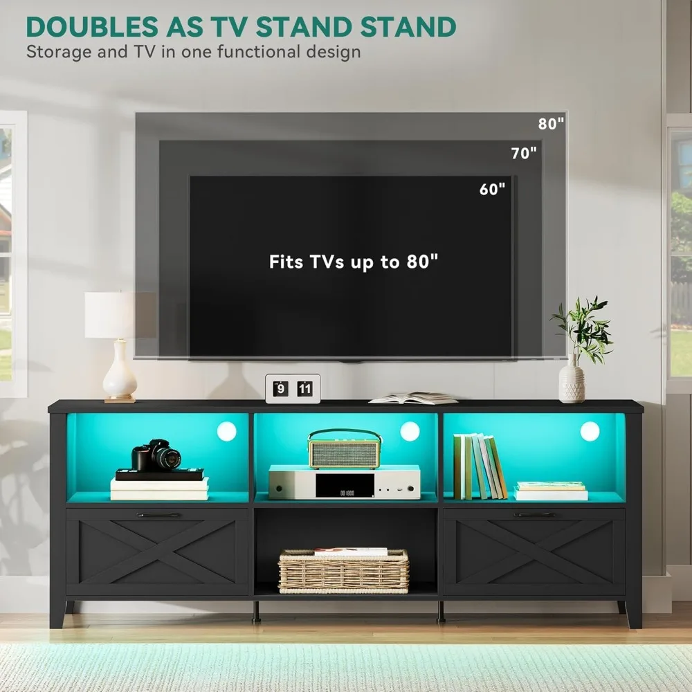 Suporte de TV de fazenda de 70 polegadas, centro de entretenimento com luz LED acomoda TVs de até 80 polegadas, console de TV de mídia com armazenamento