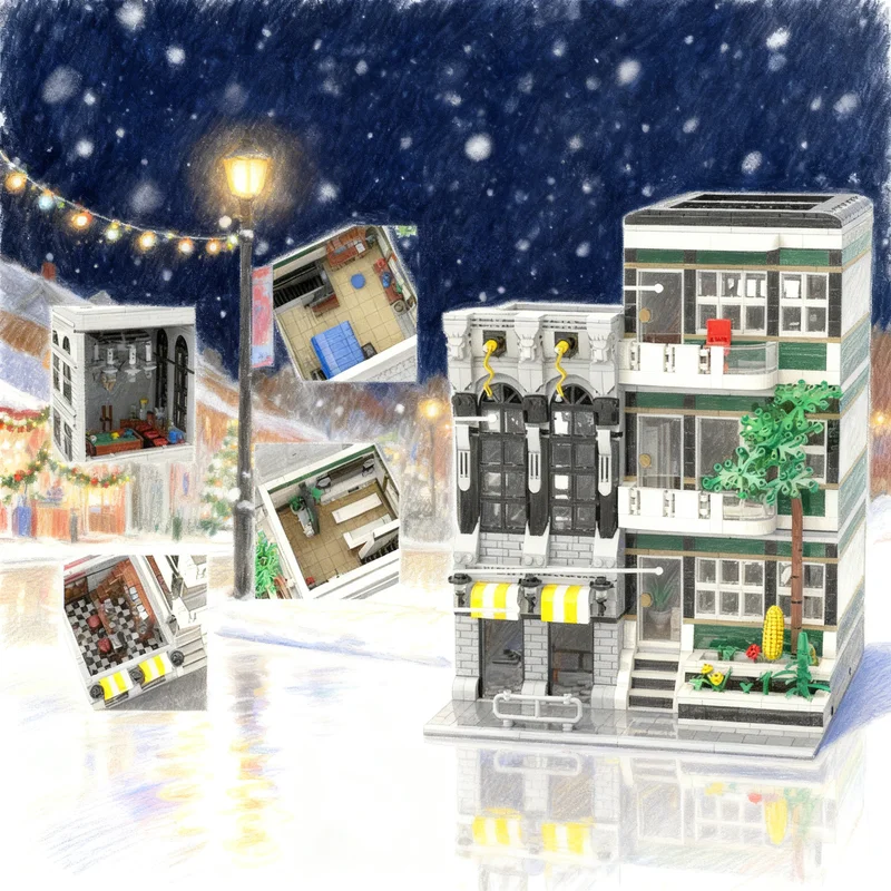 

3378 деталей MOC: Модульный городской пейзаж с жилым домом-баром, конструктор, игрушка, подарок, креативный коллекционный набор для демонстрации, премиум-класс