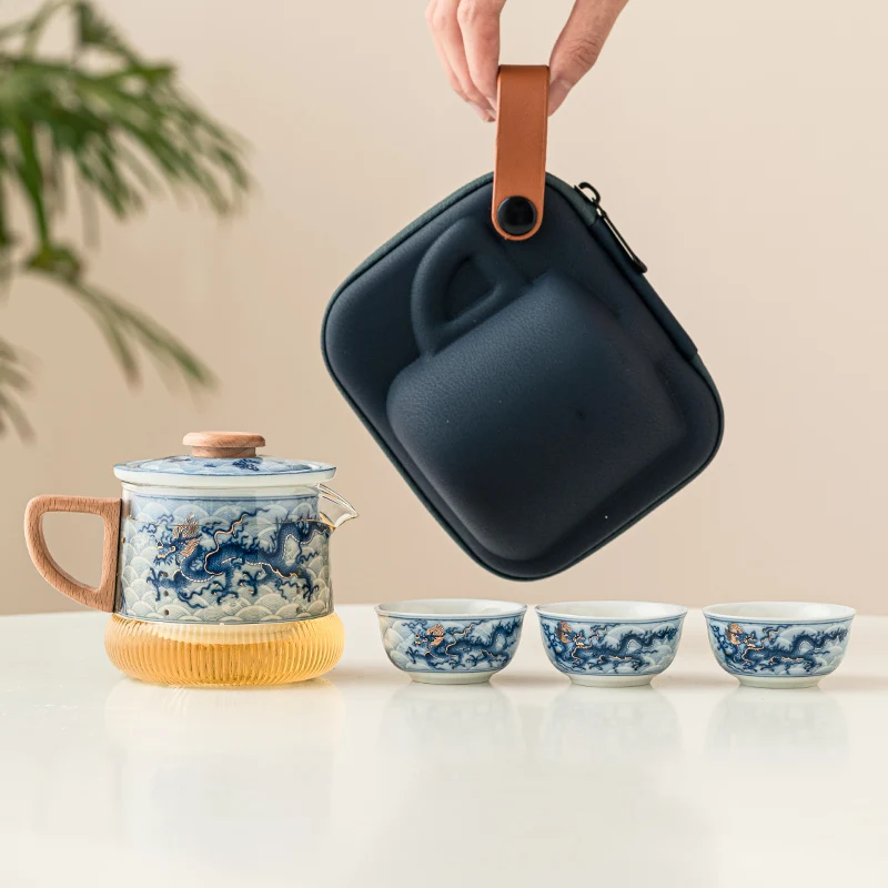 

Metal Inlay Blue and White Dragon Travel Tea Kit Portable Teapot Teacup Set Ceramic Kit Kung Fu Teaware Outdoor Camping Bag