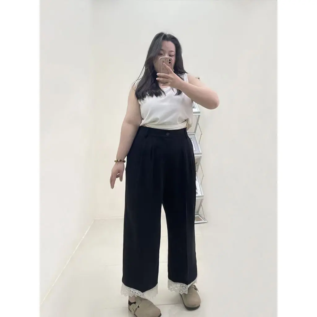 

Узкие брюки с высокой талией для полных девочек, весна-лето, грушевидные кружевные висячие брюки, большие размеры, женская одежда