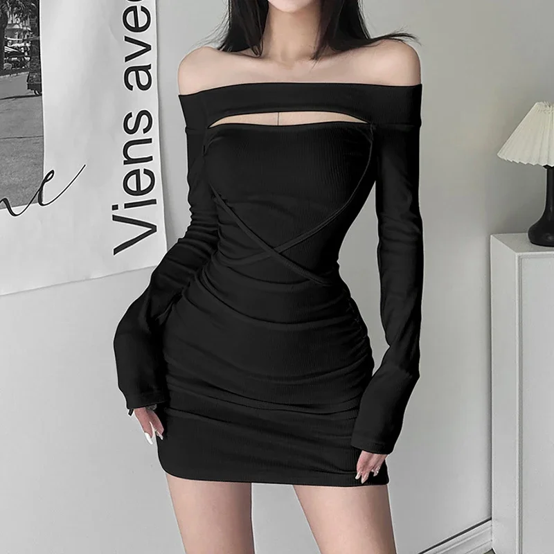 Y2k Off spalla abiti Sexy donna manica lunga Cut Out Cyber Gothic Mini abito femminile Casual aderente Partywear Vestidos