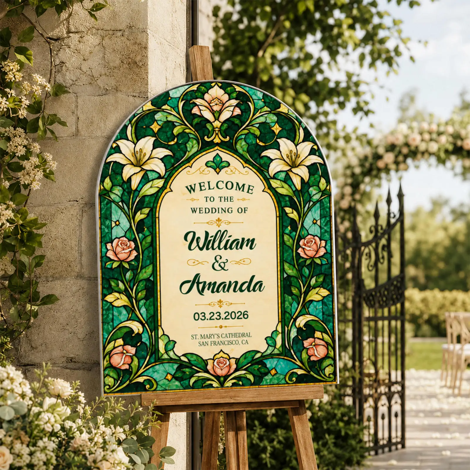 Personalized Wedding Welcome Sign Custom Names Date Stained Glass Floral Arch Sign for Wedding Entrance Reception Decor