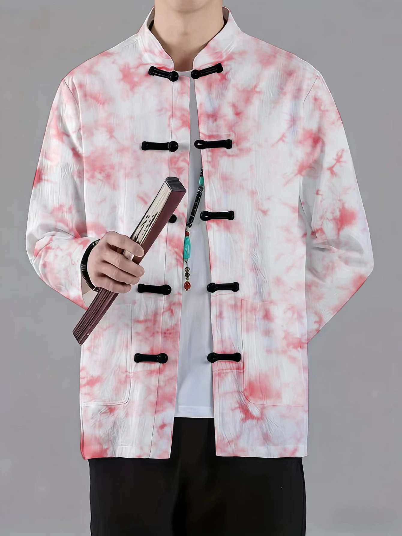 Men Mandarin Collar Frog Button Jacket Tie Dye Floral Landscape Stripe Art Print Traditional Outerwear