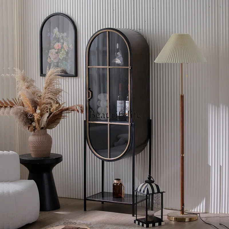 

yj5 American retro wine cabinet glass door industrial wind storage floor against the wall wrought iron dining side cabinet