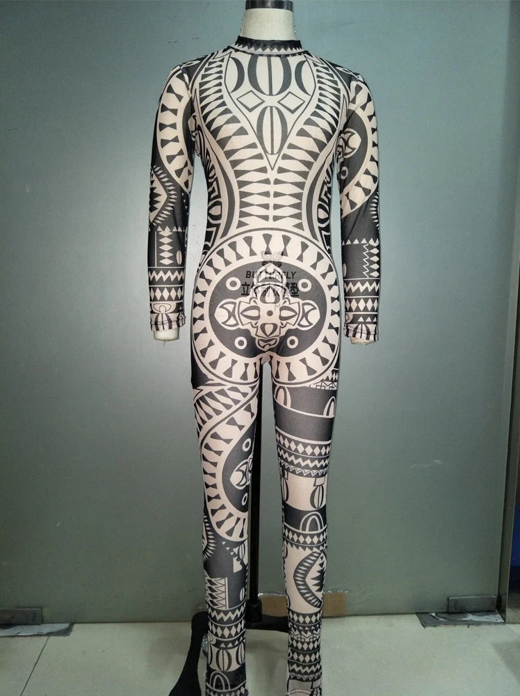 Burning Man Festival Bodysuit  Women Tribal Geometric Tattoo Print Mesh Jumpsuit Curvy African Aztec Bodysuit Celebrity Catsuit