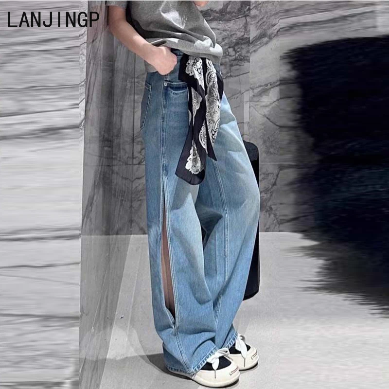 

Wide leg loose side split straight jeans children 2025 new trousers korean fashion baggy pants y2k clothes