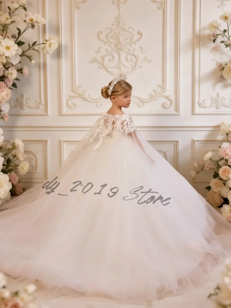 Dreamy Customized Flower Girl Dress White Lace Embroidered beading Tulle Princess Party Gown For Wedding & First Communion