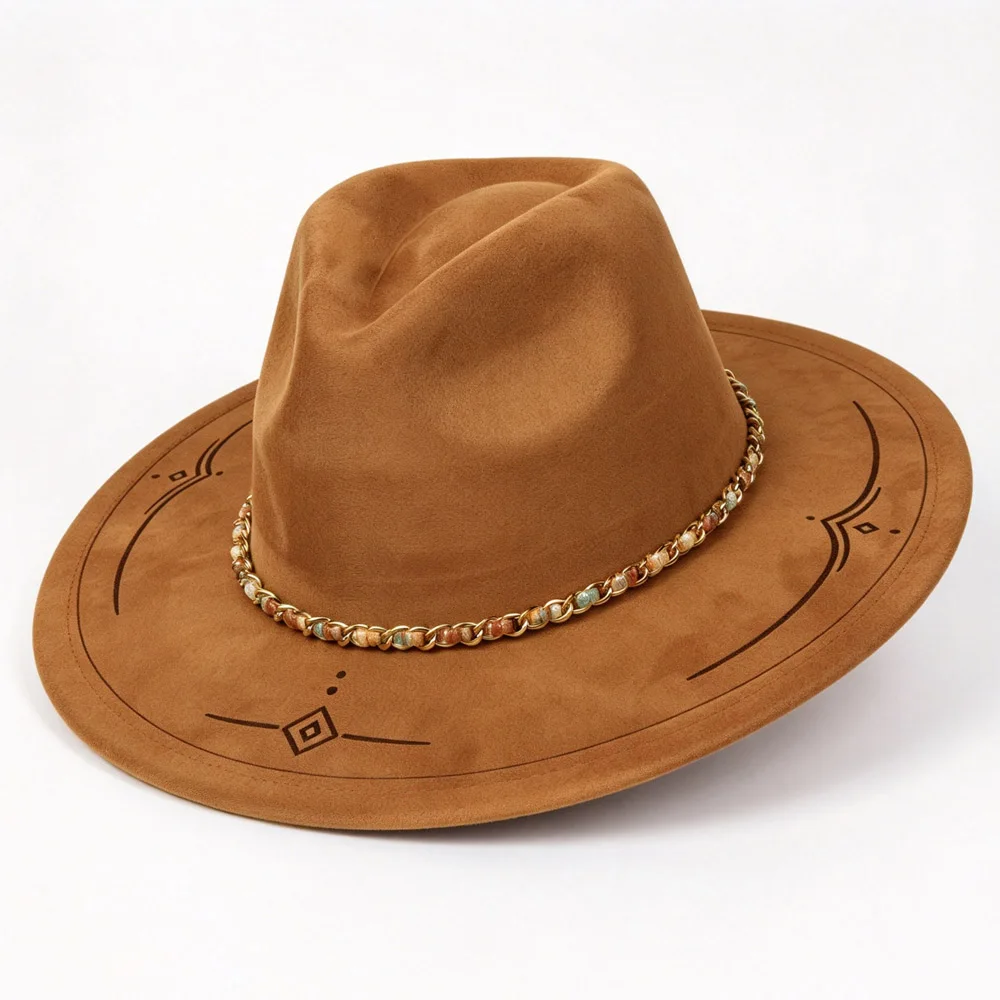 Pink Wide Brim Suede Fedora Hat for Women Metal Chain Decor jazz Hat Western Party Costume Hat Caps Accessory Party Dress Hat