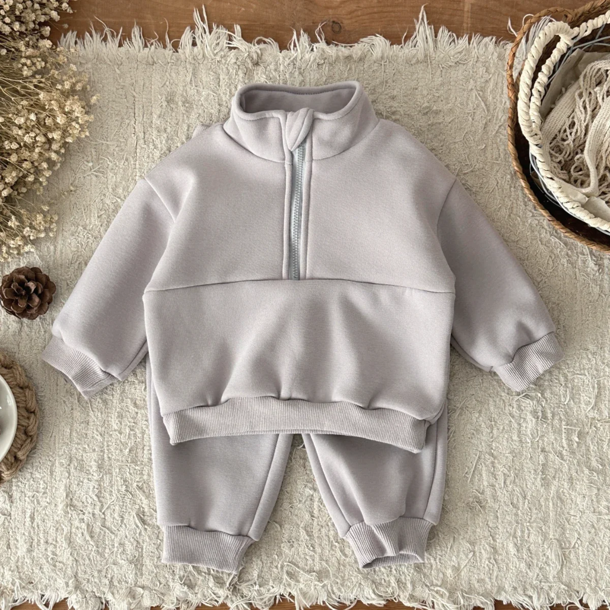 طفل رضيع بسيط الصلبة طويلة الأكمام البلوز + السراويل الرياضية الطويلة الخريف الشتاء ملابس الأطفال الحرارية 0-3 سنوات #5