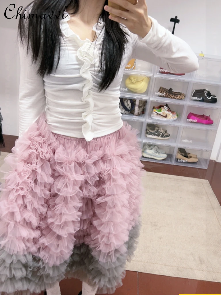 Moda pesada artesanato dois tons elegante temperamento a linha inchado midi saia 2025 outono nova fada princesa saias longas femininas