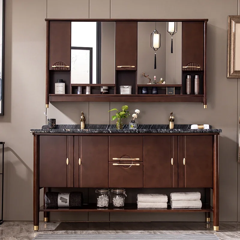 Solid wood bathroom cabinet combination floor-to-ceiling face wash basin mirror cabinet toilet double basin basin cabinet