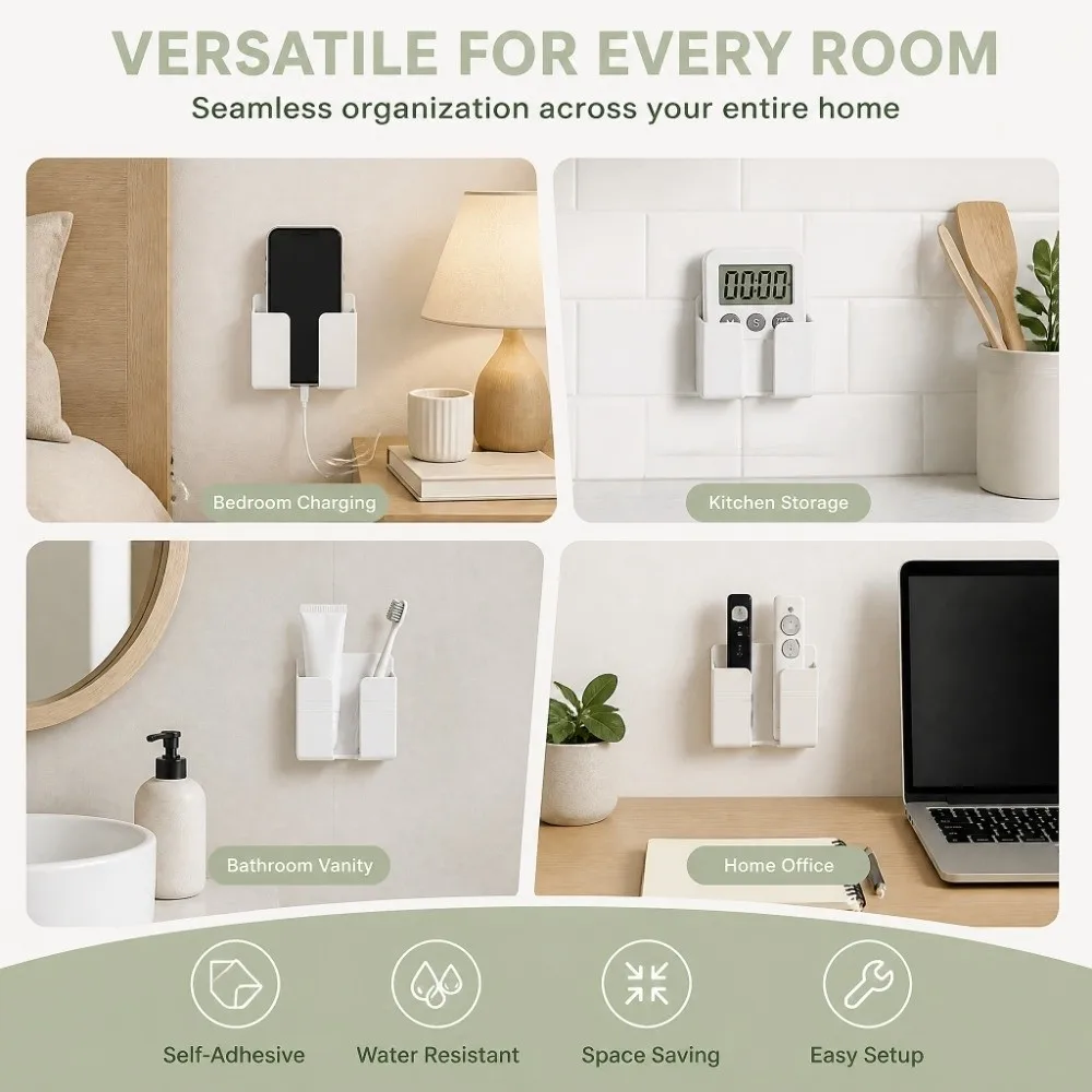 2Pcs Cable Slot Wall Mounted Phone Holder White Organizer Phone Charging Stand Horizontal Stripe Wall Storage Shelf Kitchen