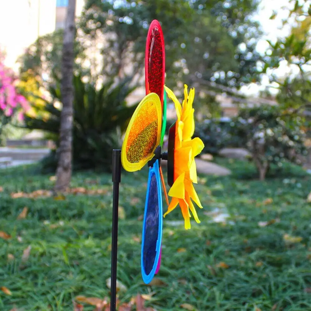 Molino de viento de girasol de flores para niños, juguete creativo de plástico con lentejuelas para jardín, patio, tienda al aire libre, decoración de balcón