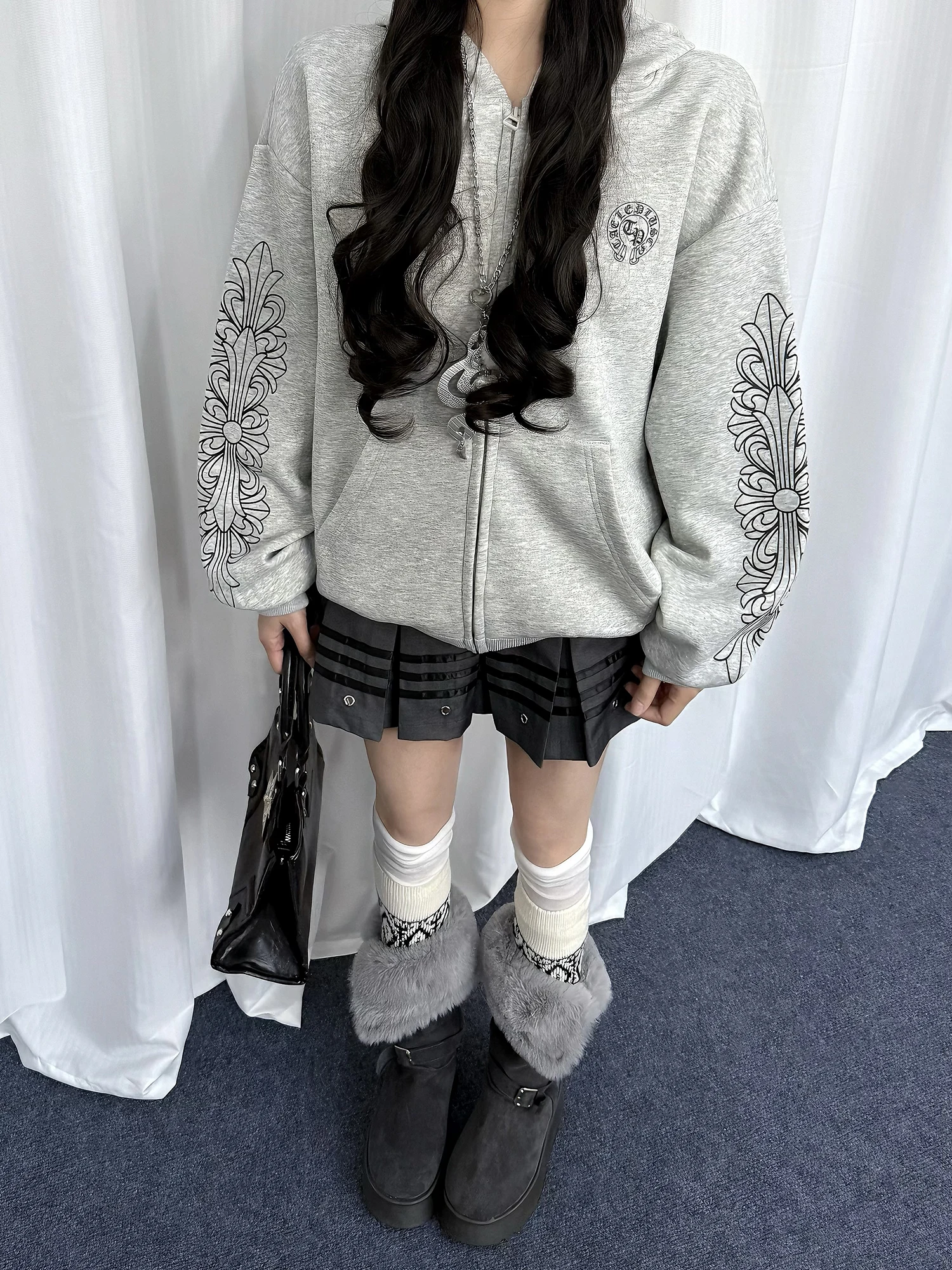 

Готический открытый кардиган с капюшоном и буквенным принтом, женская свободная повседневная верхняя одежда, весенне-осенняя уличная одежда на молнии