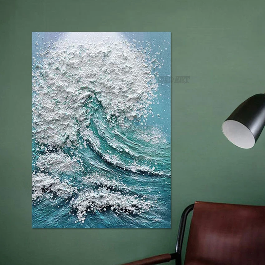 Big Hotel Wall Hangings, Palette Knife, Sea Wave Poster Art, Luxury Home Showpieces, Texture Acrylic Painting, Canvas Artwork