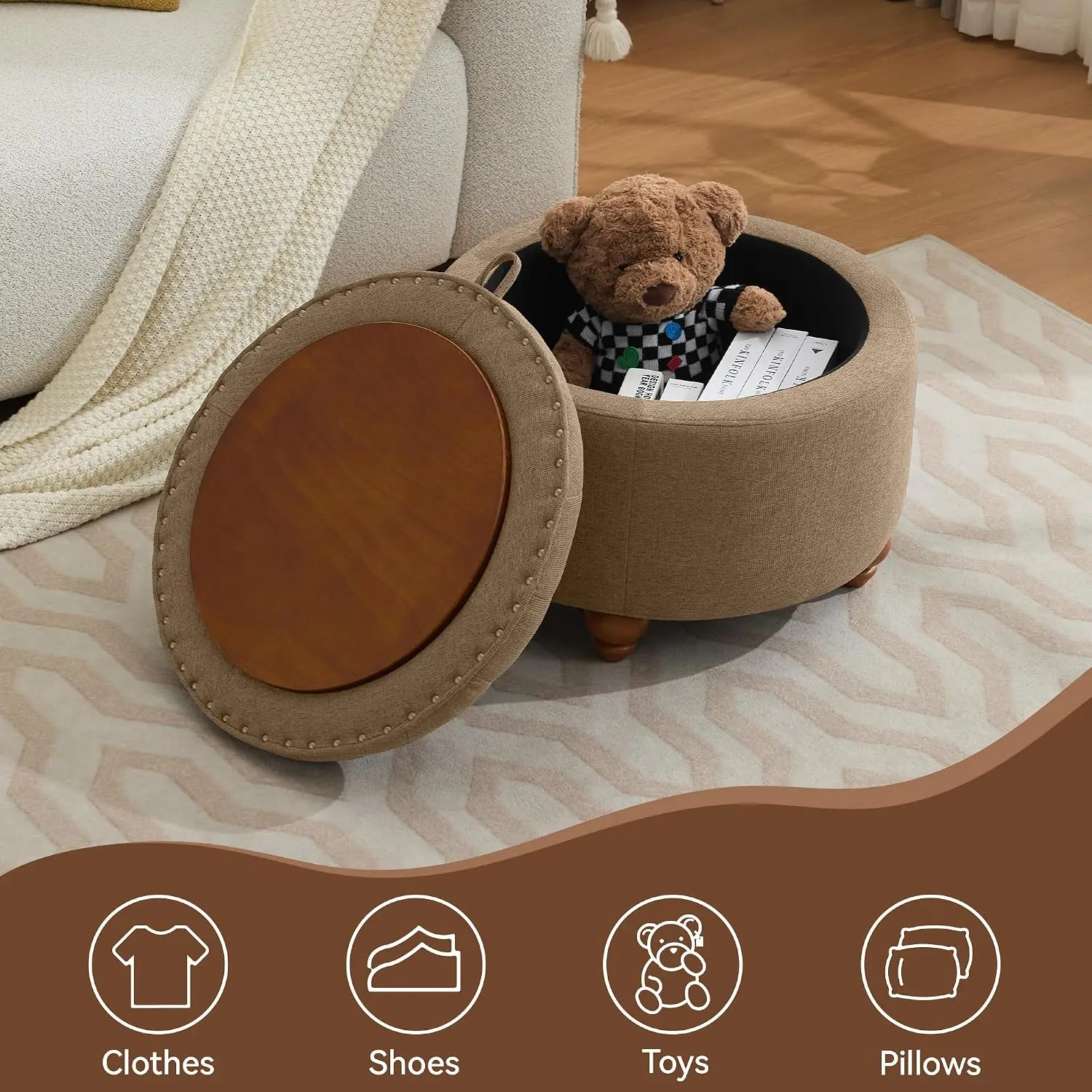 Round Storage Ottoman with Tray, Tufted Fabric Coffee Table with Removable Top for Living Room & Bedroom, 24 Inch, Customized