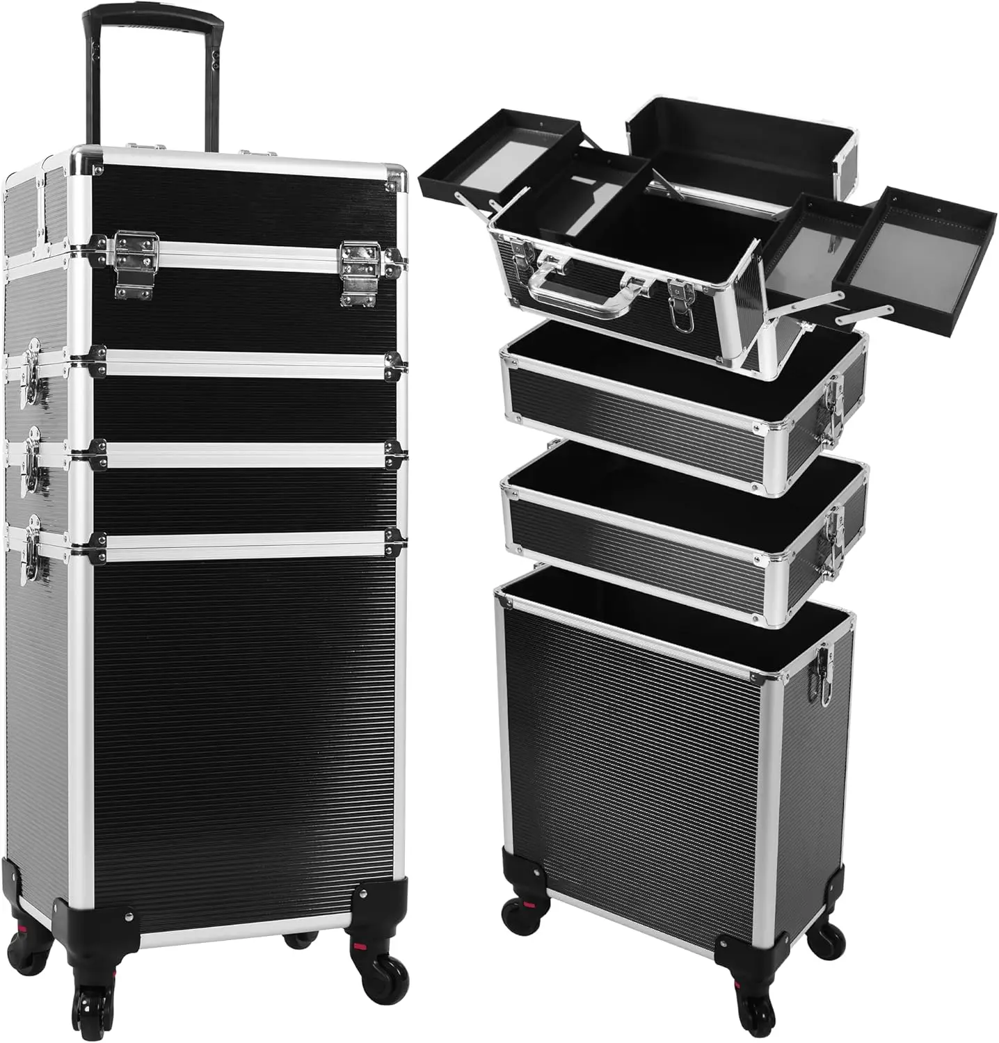 Rolling Makeup Train Case Professional Cosmetic Trolley Large Storage Organizer with Key Swivel Wheels Salon Barber Case (Pro, B