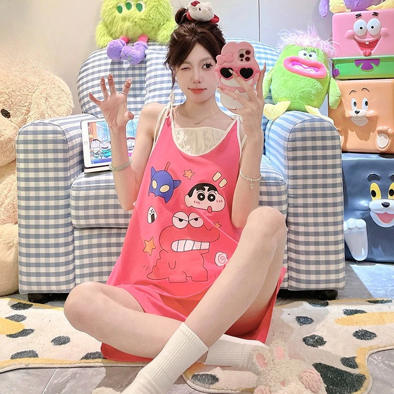 

Crayon Shin-chan Pajamas Cute Sweet Suspenders Cartoon Household Clothes Summer New Fashion Leisure with Chest Cushion Suit