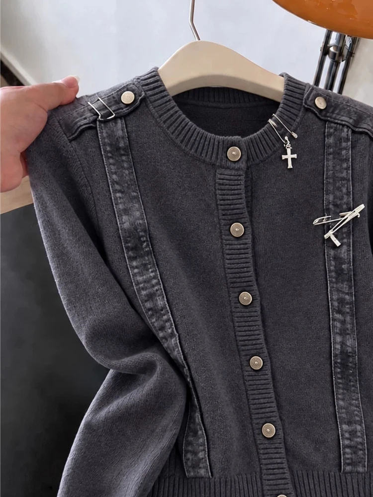 Top Women Dark Grey Round Neck Cropped Denim Spliced Shoulder Strap Brooch Single Breasted Cinched Slimming Outerwear Shirt