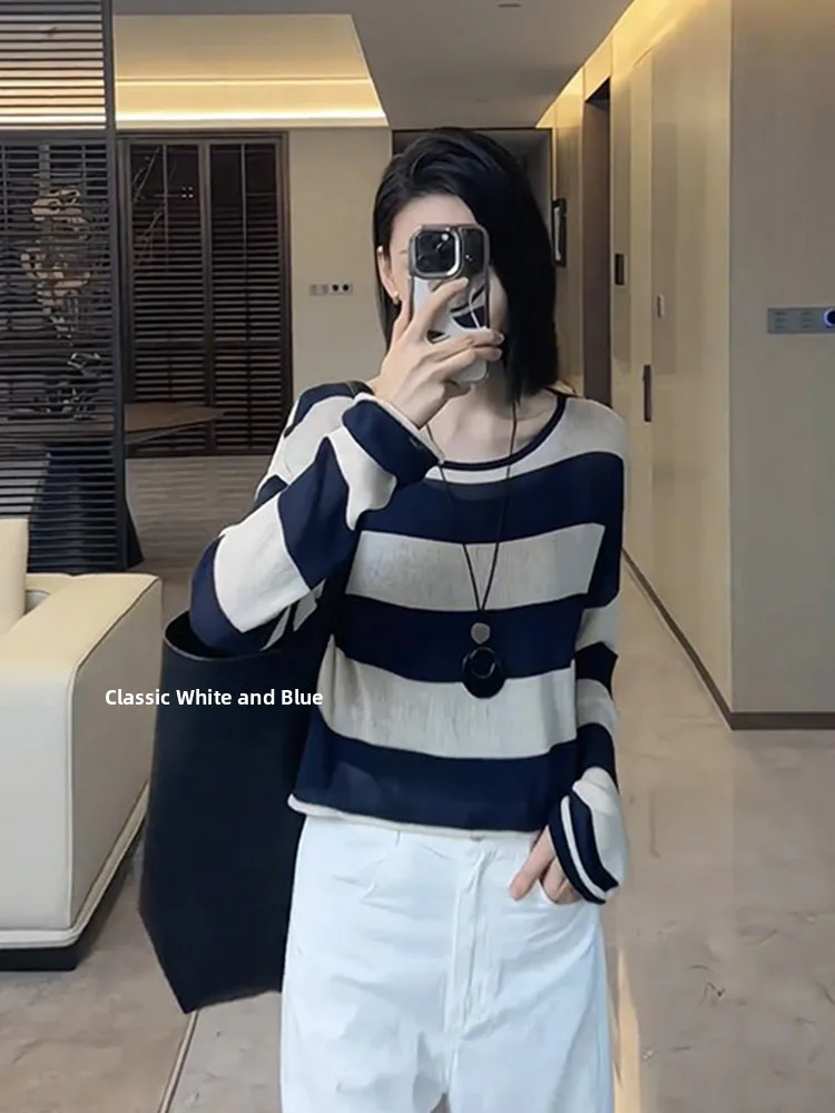 

Корейский вязаный свитер Sle, повседневный длинный свек, удобный дизайн в полоску, антивозрастной комфорт для отдыха