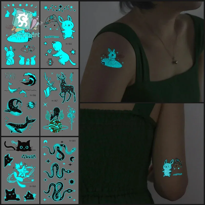 

6pcs Hot Selling Temporary Waterproof Luminous Bird Dolphin Bunny Design Tattoos For Kids Glowing In Dark Green Body Stickers