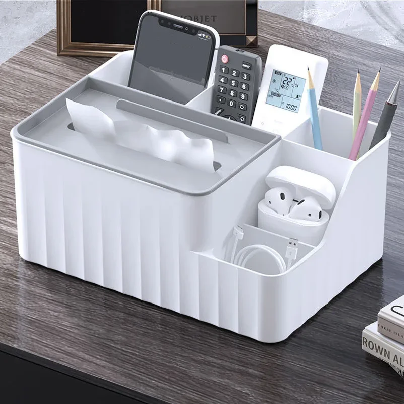 

6-Section Desk Organizer - Multifunctional Tissue Box with Remote Holder, Plastic Storage for Living Room, Kitchen & Office