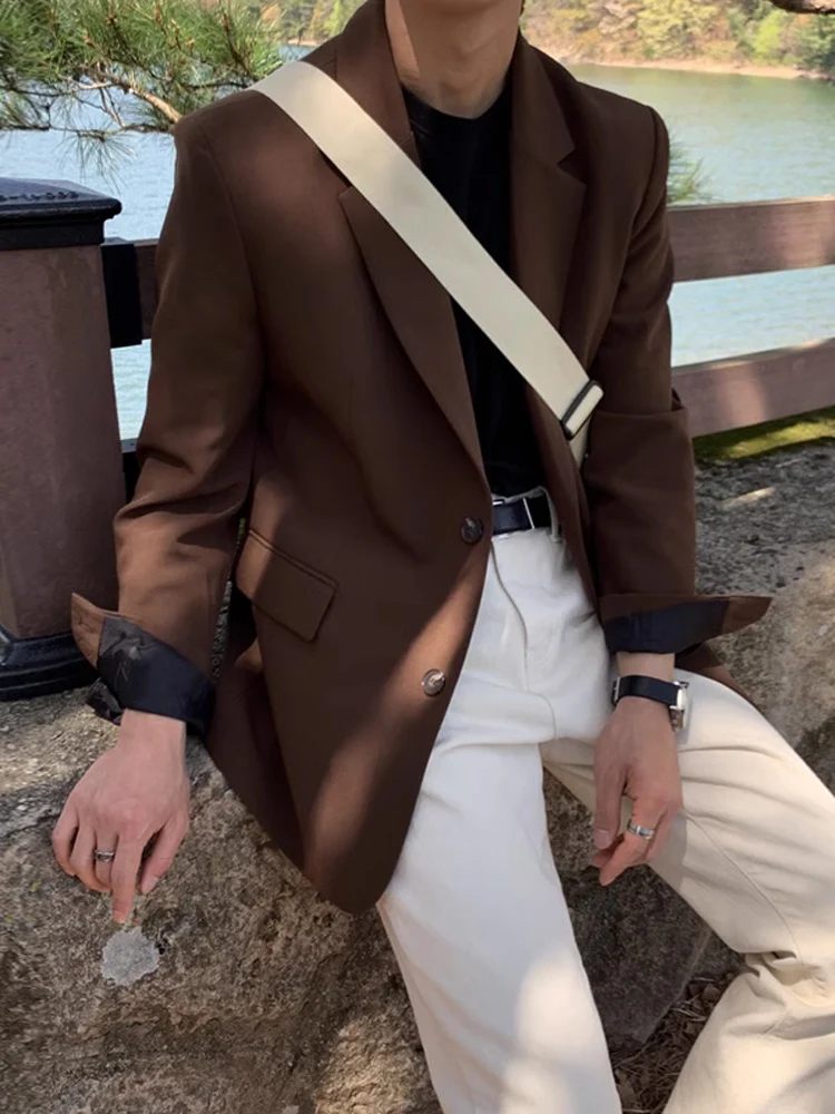 

Casual Loose Men's Coffee Color Trendy Suit Jaet Spring Autumn Versatile Top Youth ular Pure Color Flat Collar Long Sve