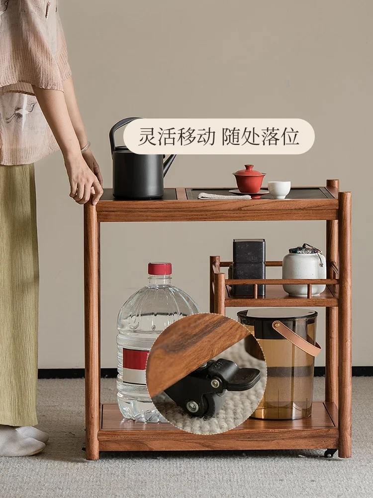 Small Tea Table Movable Side Table Small Coffee Table Solid Wood Side Cabinet Trolley Tea Cabinet with Wheels