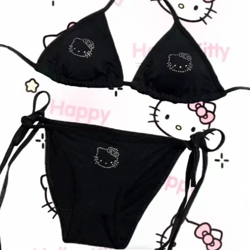 Sanrio Hello Kitty swimwear Sexy 3-point Bikini Set Cartoon Women Bra Set Underwear Summer Beach swimsuit Side Strappy Panties