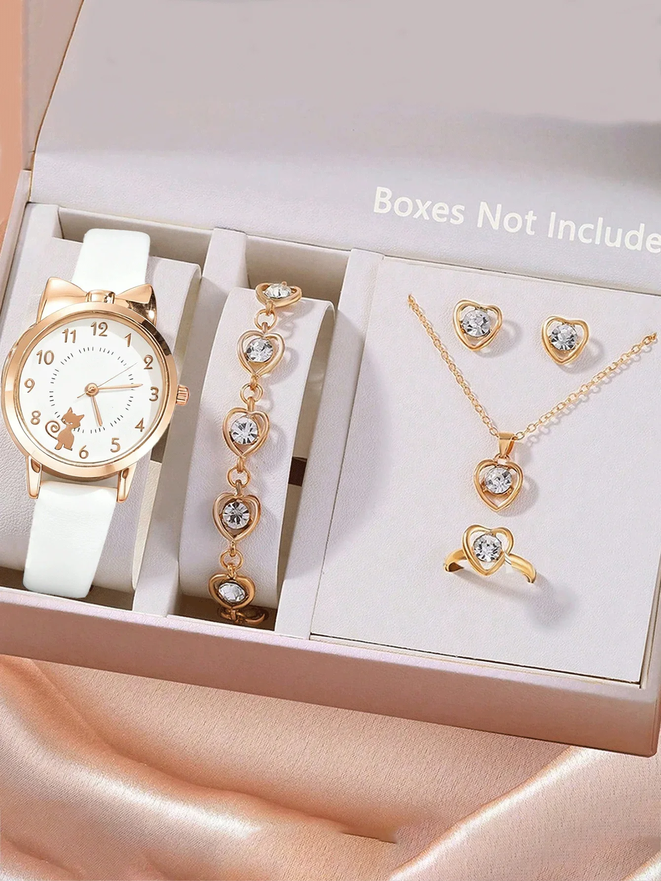6-piece set of kitten pattern women's fashion watch with small scale, student minimalist quartz set, wind watch
